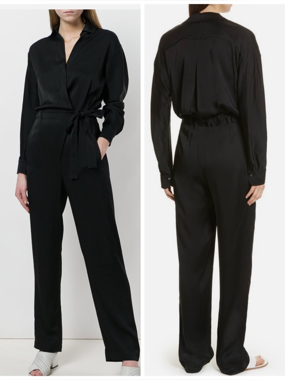 Vince Satin Waist Tie Wrap Silky Stretch Long Sleeve Pants Jumpsuit in Black